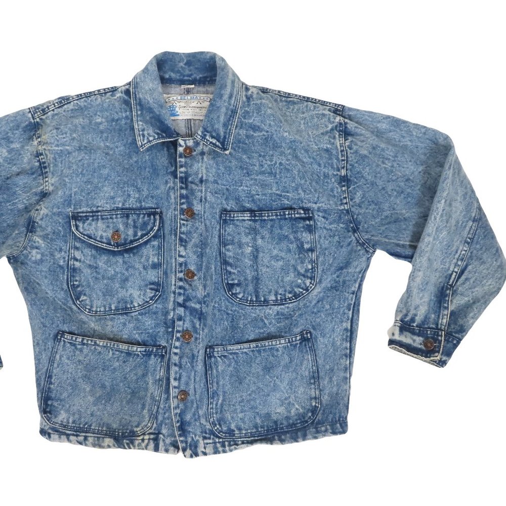 Vintage 80s 90s Stonewashed Denim Blue Jean Jacket Big Pockets L Large